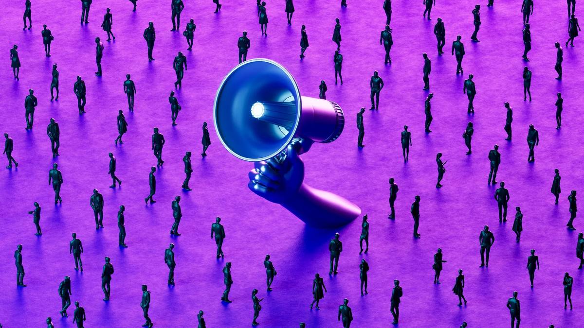 Giant megaphone reaching a crowd of people, representing advertising reach