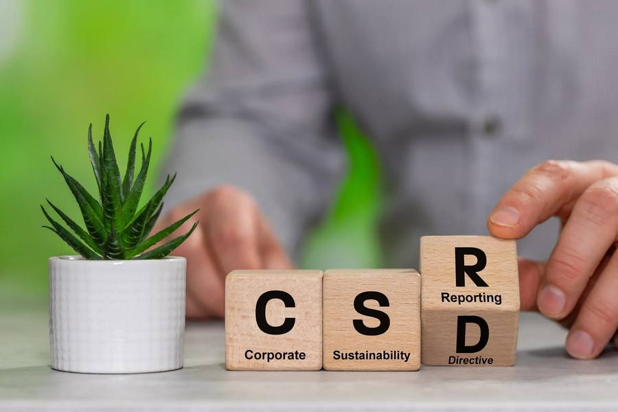 Wooden blocks reading CSR, Corporate, Sustainability, Reporting, Directive next to a small plant